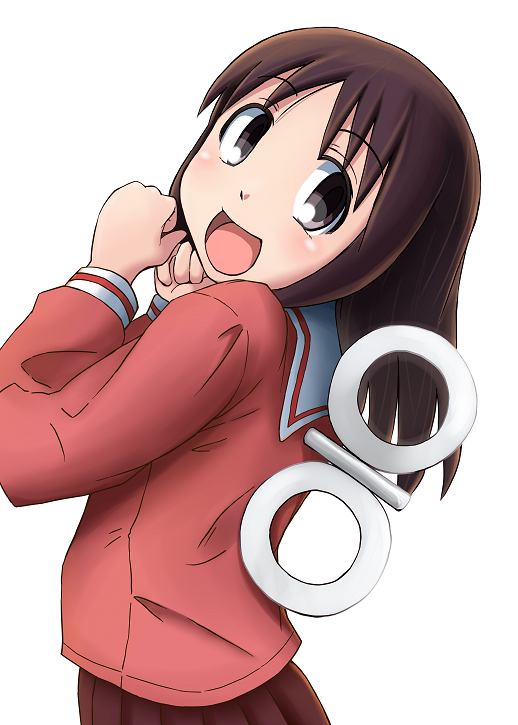 1girl, :d, azumanga_daioh, azumanga_daioh's_school_uniform, blush, brown_eyes, brown_hair, commentary