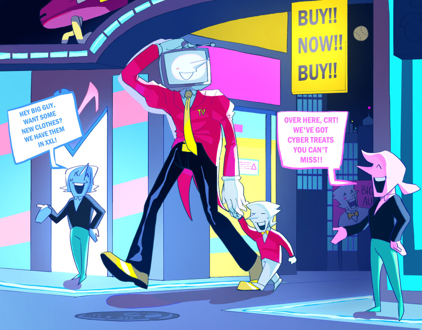 4boys, absurdres, addison_(deltarune), ant_tenna, black_pants, city, commentary, crt