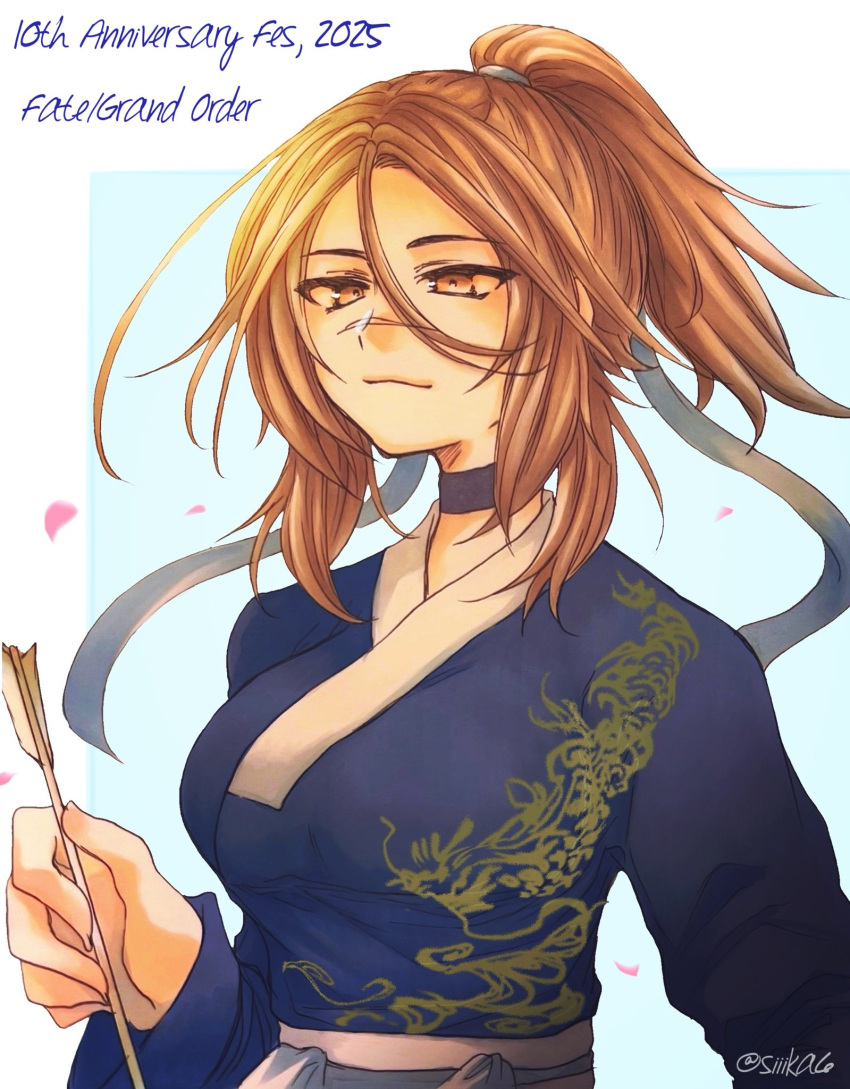 1girl, arrow_(projectile), black_choker, breasts, brown_eyes, brown_hair, choker, dragon_print