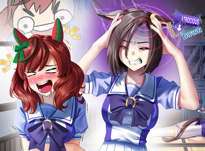 3girls, =_=, absurdres, air_groove_(umamusume), anger_vein, animal_ears, blush, bow