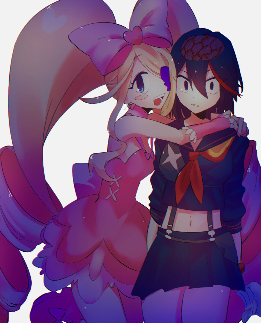 2girls, back_bow, black_hair, blonde_hair, blue_eyes, boots, bow, breasts