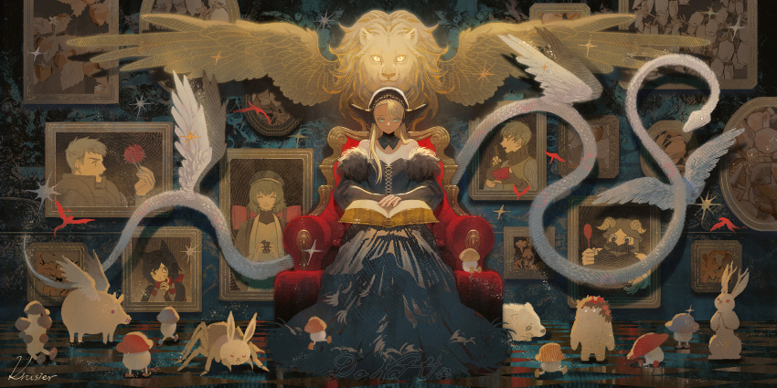 1other, 3boys, 3girls, absurdres, bare_shoulders, black_collar, black_dress, book, chilchuck_tims, closed_mouth, collar, demon, detached_collar, dress, dungeon_meshi, expressionless, falin_touden, feathered_wings, four-pointed_star, frown, fur-trimmed_dress, fur_trim, gold_fur, golden_wings, green_eyes, highres, holding, holding_book, izutsumi, krusier, lion, looking_at_viewer, mane, marcille_donato, marcille_donato_(lord), multiple_boys, multiple_girls, open_book, pale_skin, quetzalcoatl_(mythology), raised_inner_eyebrows, senshi_(dungeon_meshi), sitting, sitting_on_throne, slit_pupils, winged_lion_(dungeon_meshi), wings