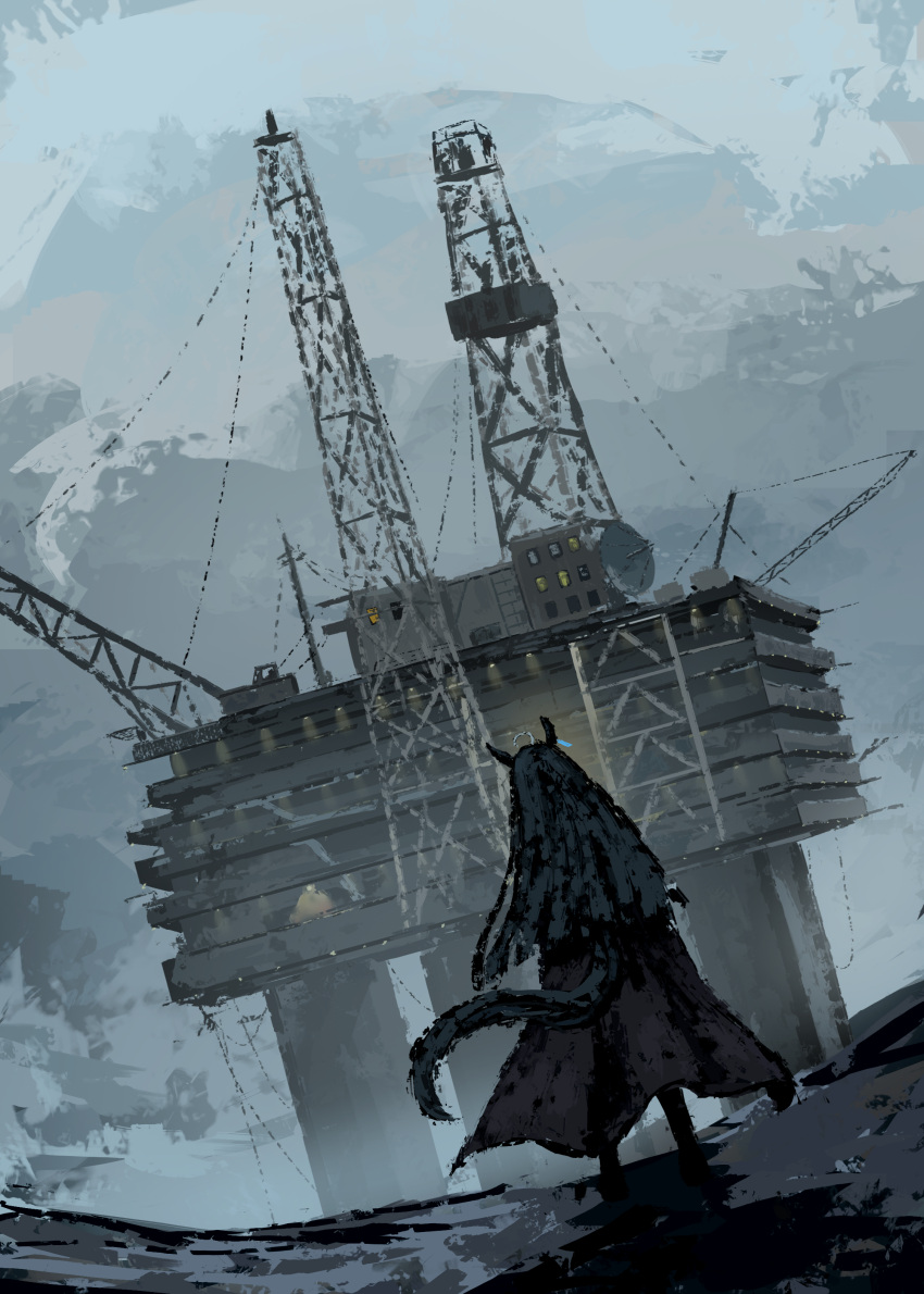 1girl, absurdres, animal_ears, black_hair, clouds, cloudy_sky, drilling_rig, ear_piercing