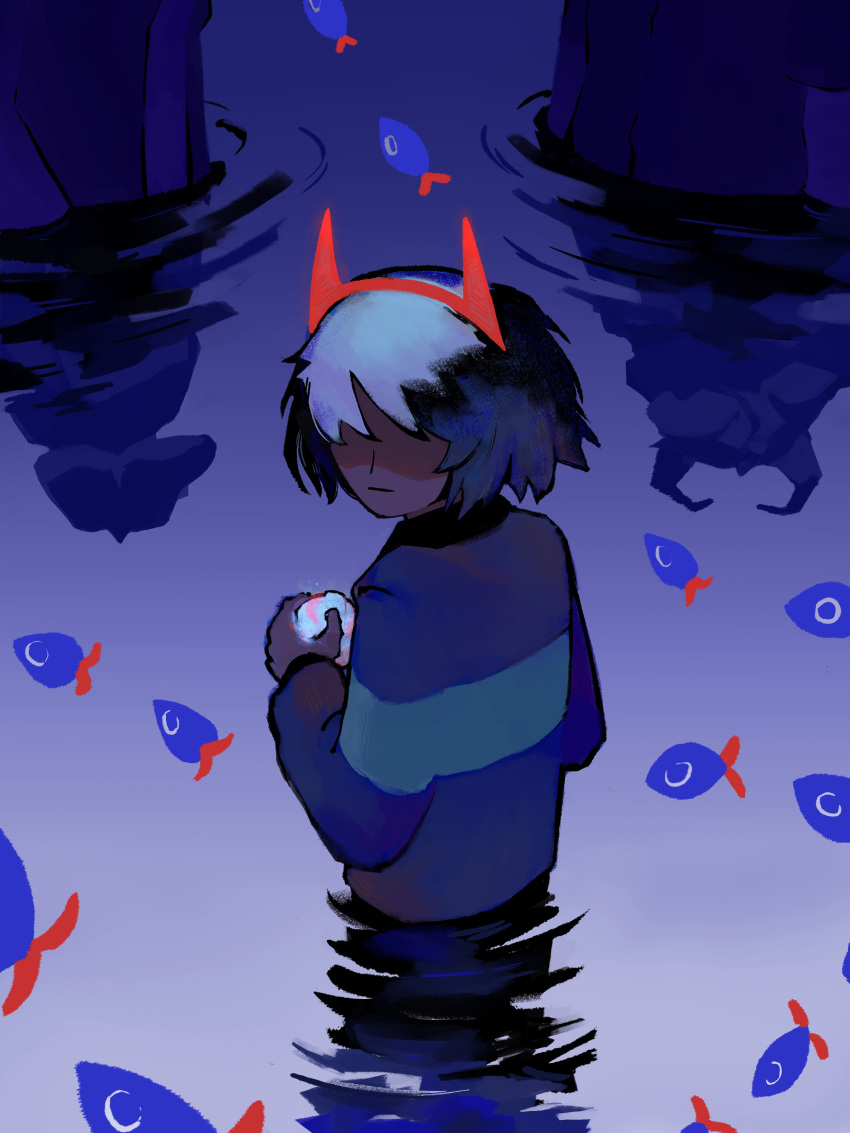 1boy, 1girl, 1other, absurdres, asgore_dreemurr, bath_bomb, black_hair, closed_mouth, commentary, deltarune, demon_horns, english_commentary, expressionless, fake_horns, fish, hair_over_eyes, hairband, highres, holding, horn_hairband, horns, kris_(deltarune), looking_back, other_focus, red_hairband, red_horns, shirt, short_hair, solo_focus, striped_clothes, striped_shirt, sumi-zzumi, toriel, utdr_(toby_fox), wading, water