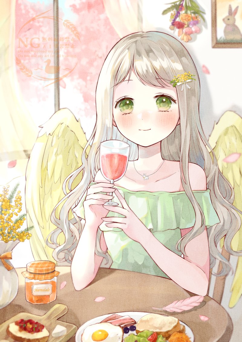 1girl, angel_wings, bacon, bare_shoulders, blush, bow, bread, bread_slice