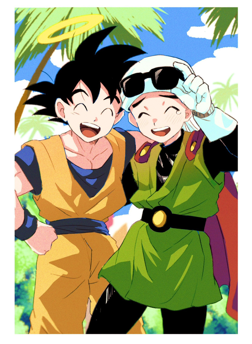 2boys, aonano_db, belt, black_belt, black_hair, cape, closed_eyes, dougi, dragon_ball, facing_viewer, gloves, great_saiyaman, green_tunic, halo, happy, hat, highres, multiple_boys, open_mouth, outdoors, palm_tree, pectoral_cleavage, pectorals, red_cape, son_goku, traditional_halo, tree, tunic, white-border, white_gloves, white_hat