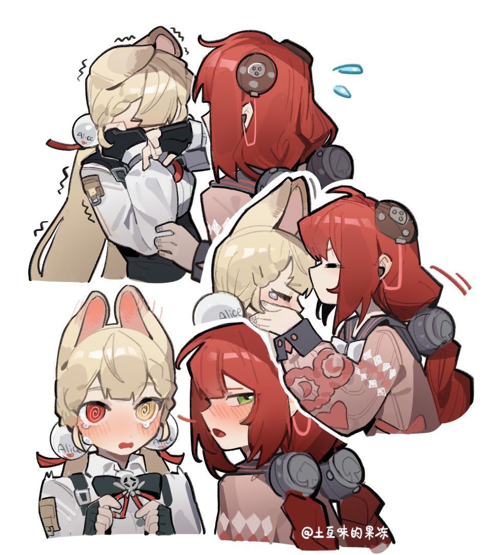 2girls, alice_thymefield, animal_ears, blonde_hair, blush, braid, cardigan, closed_eyes
