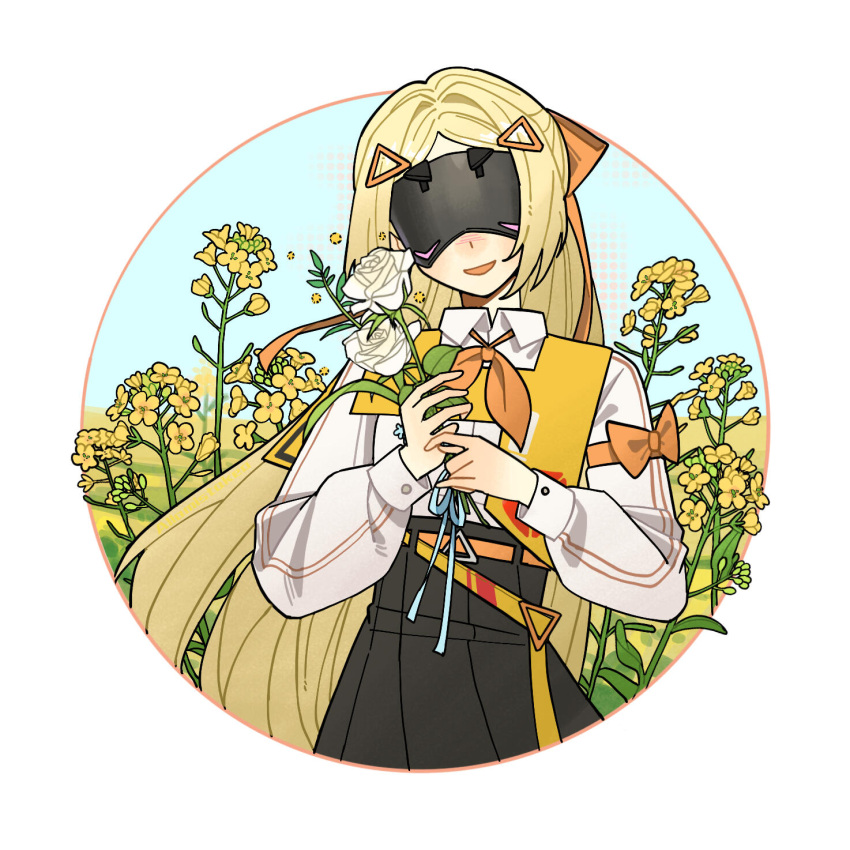 1girl, alternate_costume, bad_source, black_skirt, blonde_hair, bow, facing_viewer, flower