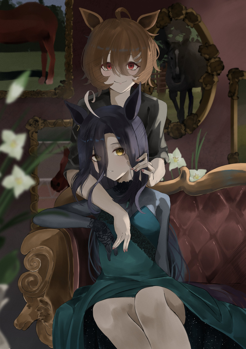 2girls, absurdres, agnes_tachyon_(umamusume), ahoge, alternate_hairstyle, amane_luna_(vtuber), araca_ra, black_dress
