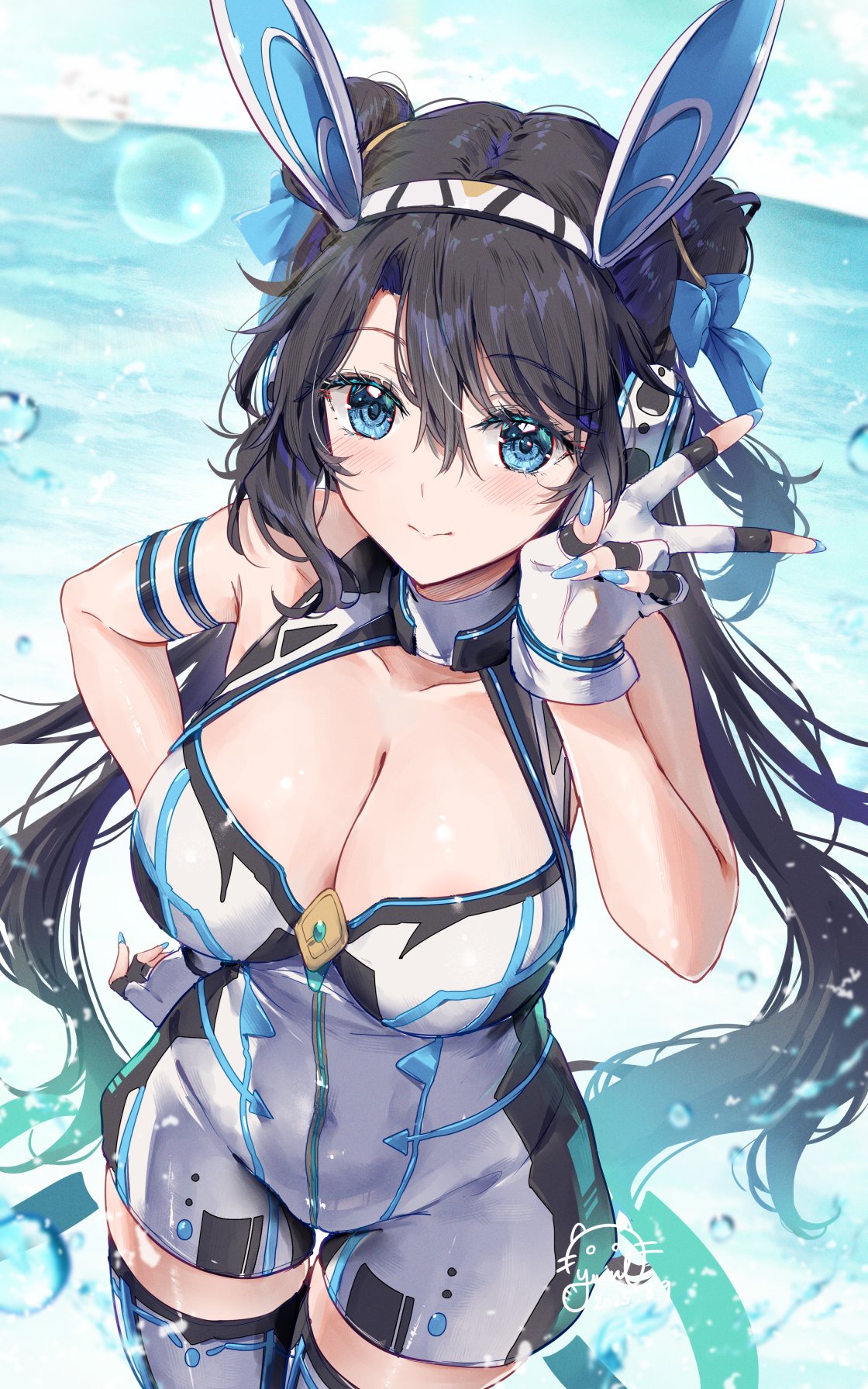 1girl, bare_shoulders, black_hair, blue_eyes, breasts, highres, long_hair, looking_at_viewer