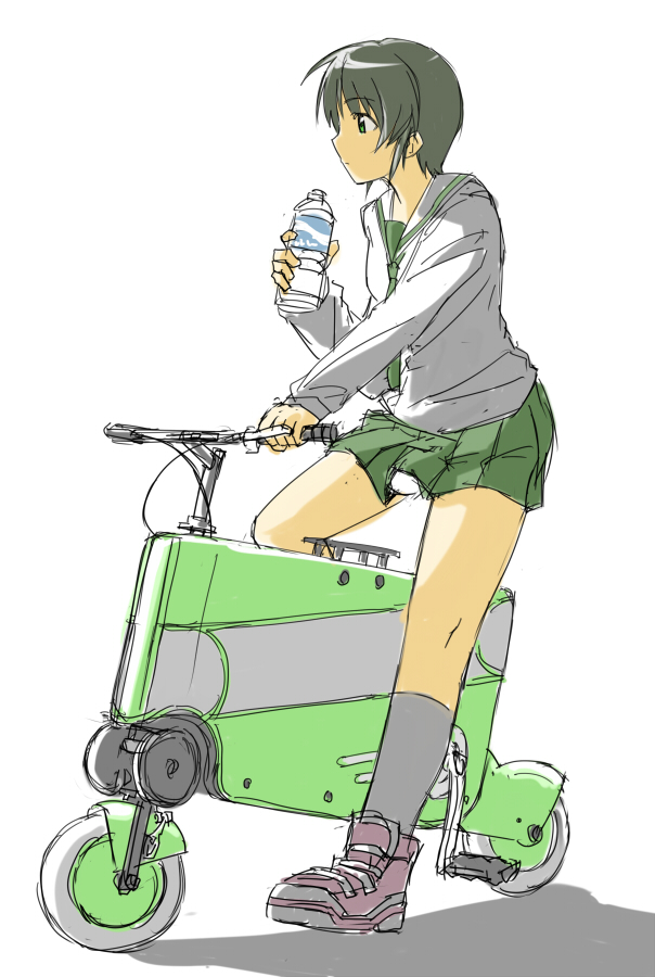 bicycle, bottle, brown_hair, copyright_request, folding_bicycle, green_eyes, school_uniform, serafuku