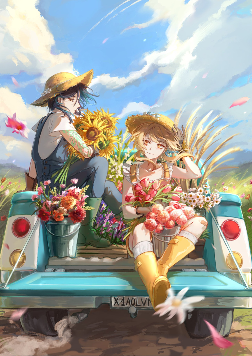 1boy, 1girl, alternate_costume, arm_tattoo, arm_up, bandaid, bandaid_on_knee, bandaid_on_leg