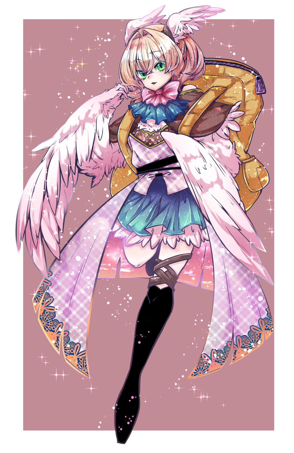 1girl, 6pack_guru, black_boots, blonde_hair, blue_skirt, boots, bow, brown_capelet, capelet, commentary_request, dress, feathered_wings, feathers, green_eyes, hair_intakes, harpy, head_wings, highres, knee_boots, looking_at_viewer, medium_hair, monster_girl, open_mouth, original, oversized_backpack, pink_bow, skirt, solo, sparkle, white_dress, white_feathers, white_wings, winged_arms, wings