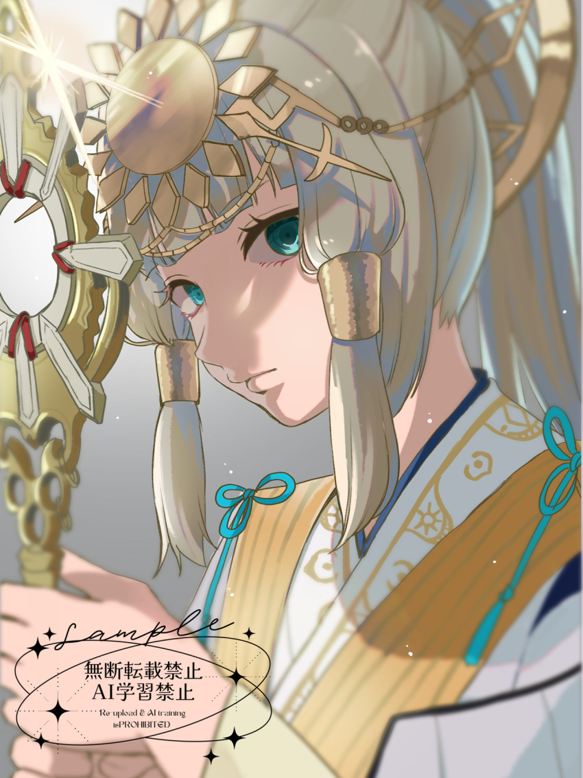 1girl, blonde_hair, blue_ribbon, blunt_bangs, closed_mouth, fishing_rod, green_eyes, head_chain