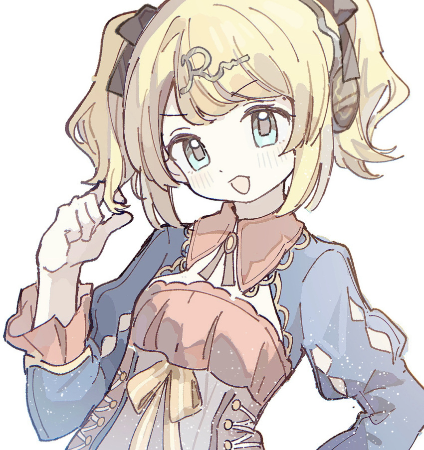 1girl, :d, akoto_(akoto0228), blonde_hair, blue_eyes, blue_shirt, blush, brown_ribbon