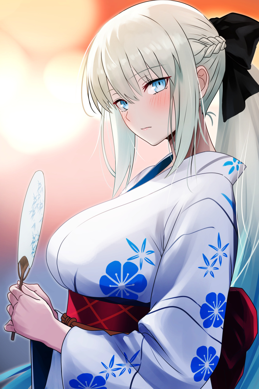 1girl, absurdres, bamboo_tac, blue_eyes, blush, braid, breasts, closed_mouth