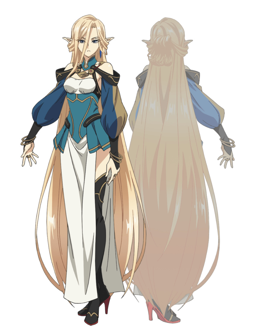 2girls, anime_coloring, armlet, back, bare_shoulders, black_boots, blonde_hair, blue_eyes