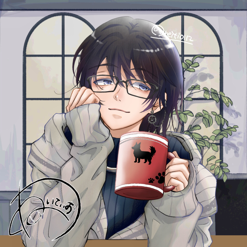 artist_name, black-framed_eyewear, blue_eyes, blue_sweater, brown_hair, cup, elbows_on_table, gear_earrings