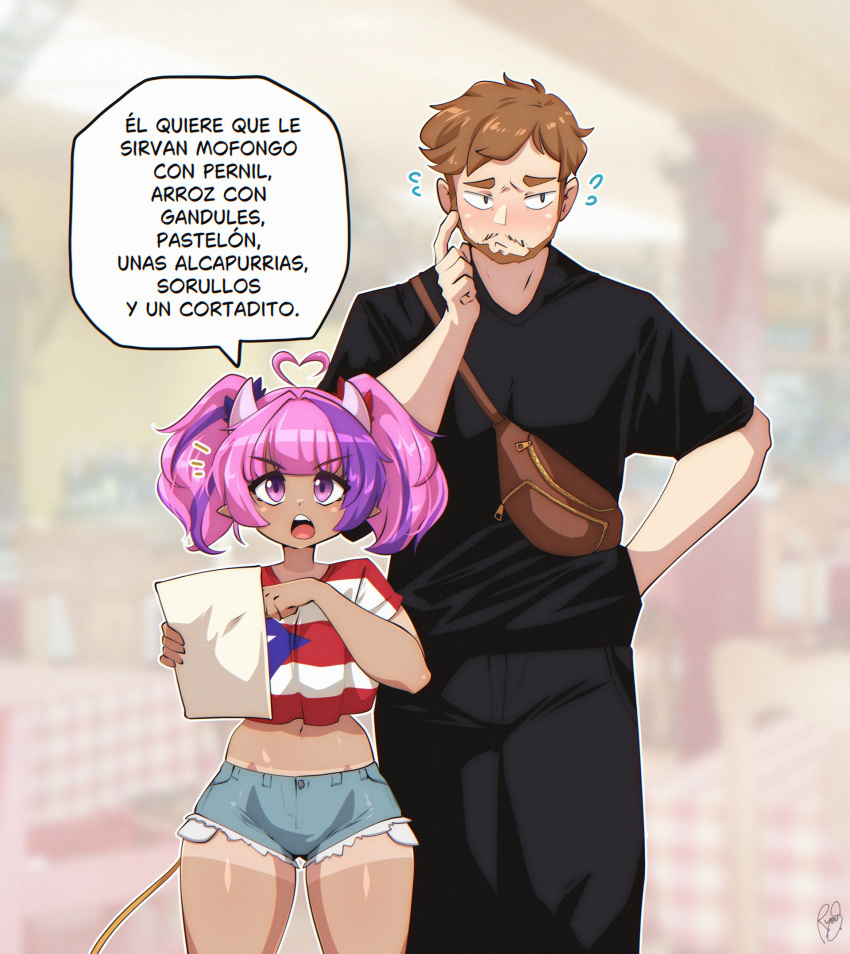 1boy, 1girl, ahoge, brown_hair, cdawgva, demon_girl, demon_horns, demon_tail