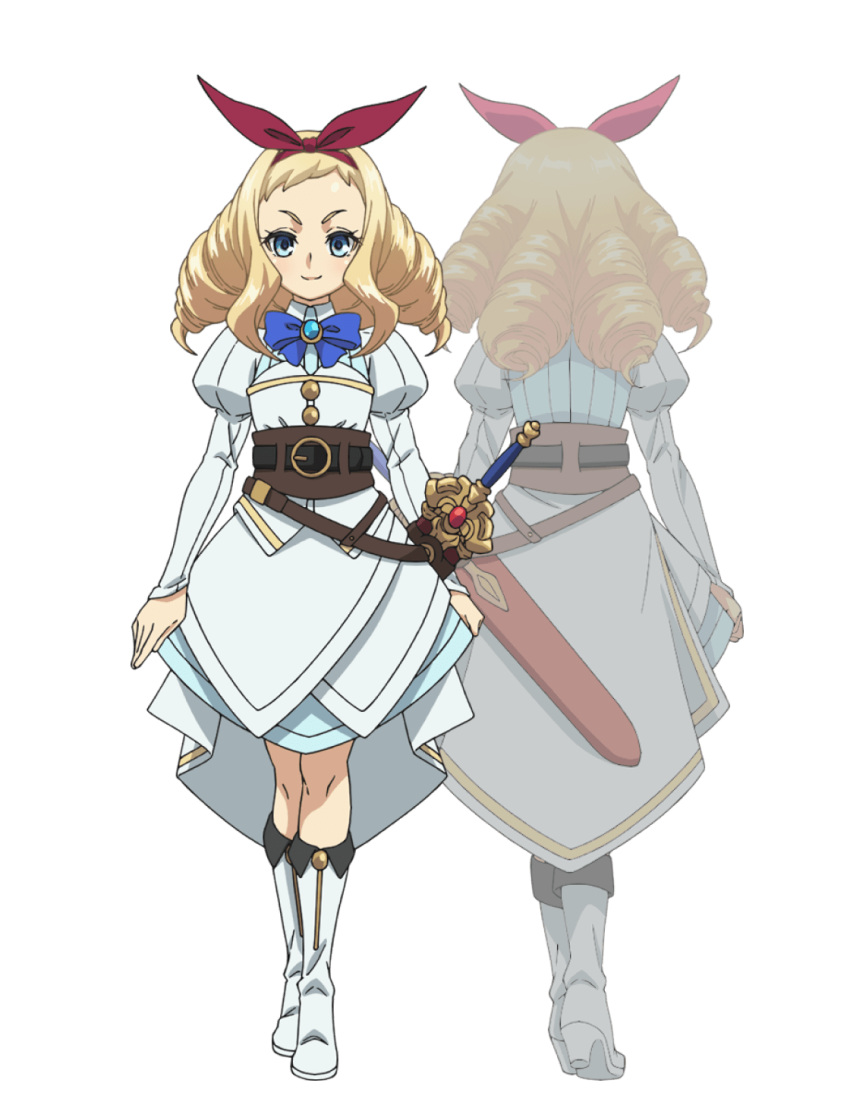 2girls, anime_coloring, armor, back, belt, black_belt, blue_bow, blue_eyes, boots, bow, bow_hairband, bowtie, closed_mouth, dress, drill_hair, eclair_gladis, full_body, hairband, highres, holding, holding_weapon, isouchi_yuusuke, juliet_sleeves, long_sleeves, looking_at_viewer, multiple_girls, multiple_views, nageki_no_bourei_wa_intaishitai, official_art, puffy_long_sleeves, puffy_sleeves, red_hairband, scabbard, sheath, sheathed, sidelocks, simple_background, smile, standing, sword, transparent_background, v-shaped_eyebrows, weapon, white_boots, white_dress