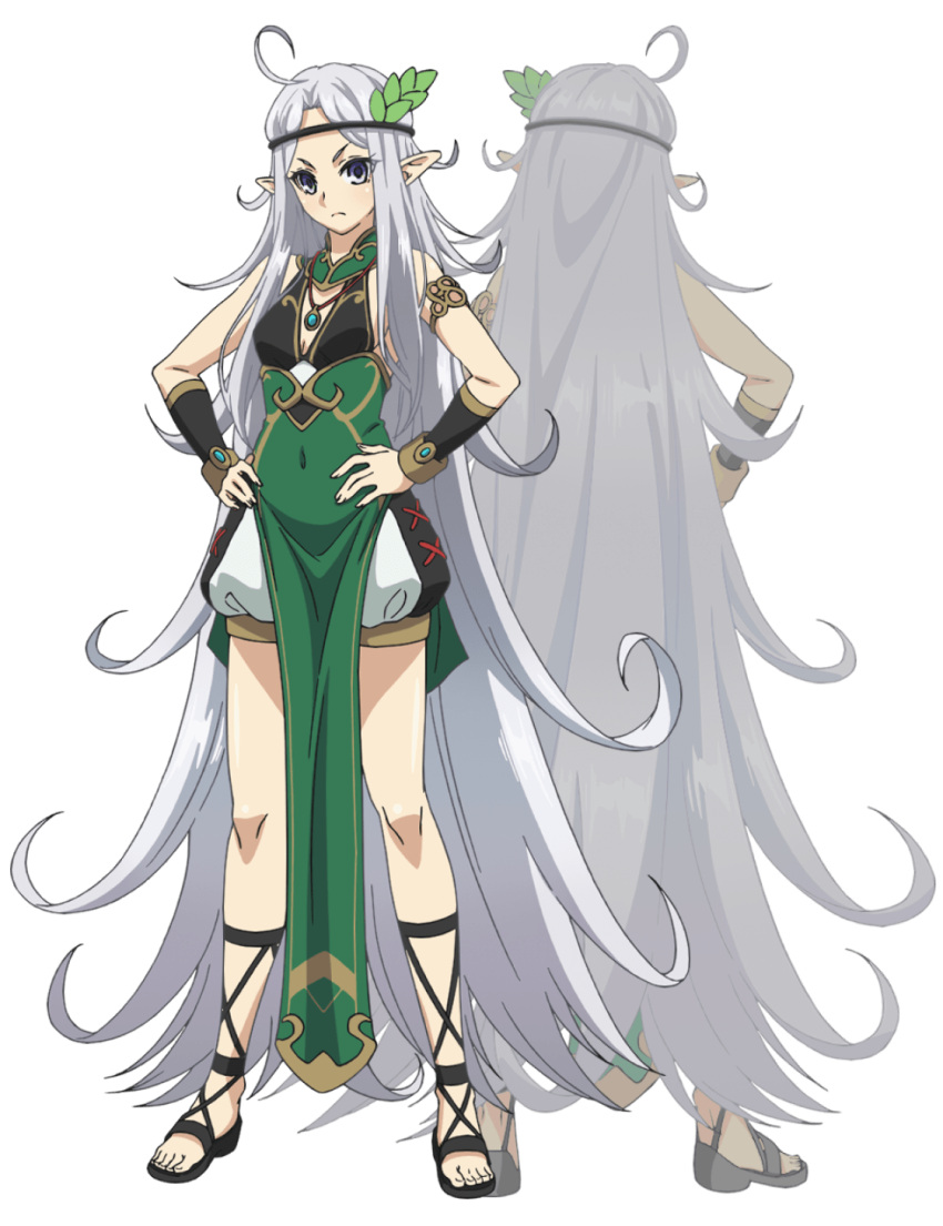 2girls, ahoge, anime_coloring, arm_guards, back, black_sandals, breasts, closed_mouth, covered_navel, dress, elf, flipped_hair, full_body, green_dress, grey_eyes, grey_hair, hands_on_own_hips, highres, isouchi_yuusuke, krus_allgen, long_hair, long_pointy_ears, looking_at_viewer, multiple_girls, multiple_views, nageki_no_bourei_wa_intaishitai, official_art, parted_bangs, pelvic_curtain, pointy_ears, sandals, simple_background, sleeveless, small_breasts, standing, thighs, transparent_background, v-shaped_eyebrows, very_long_hair