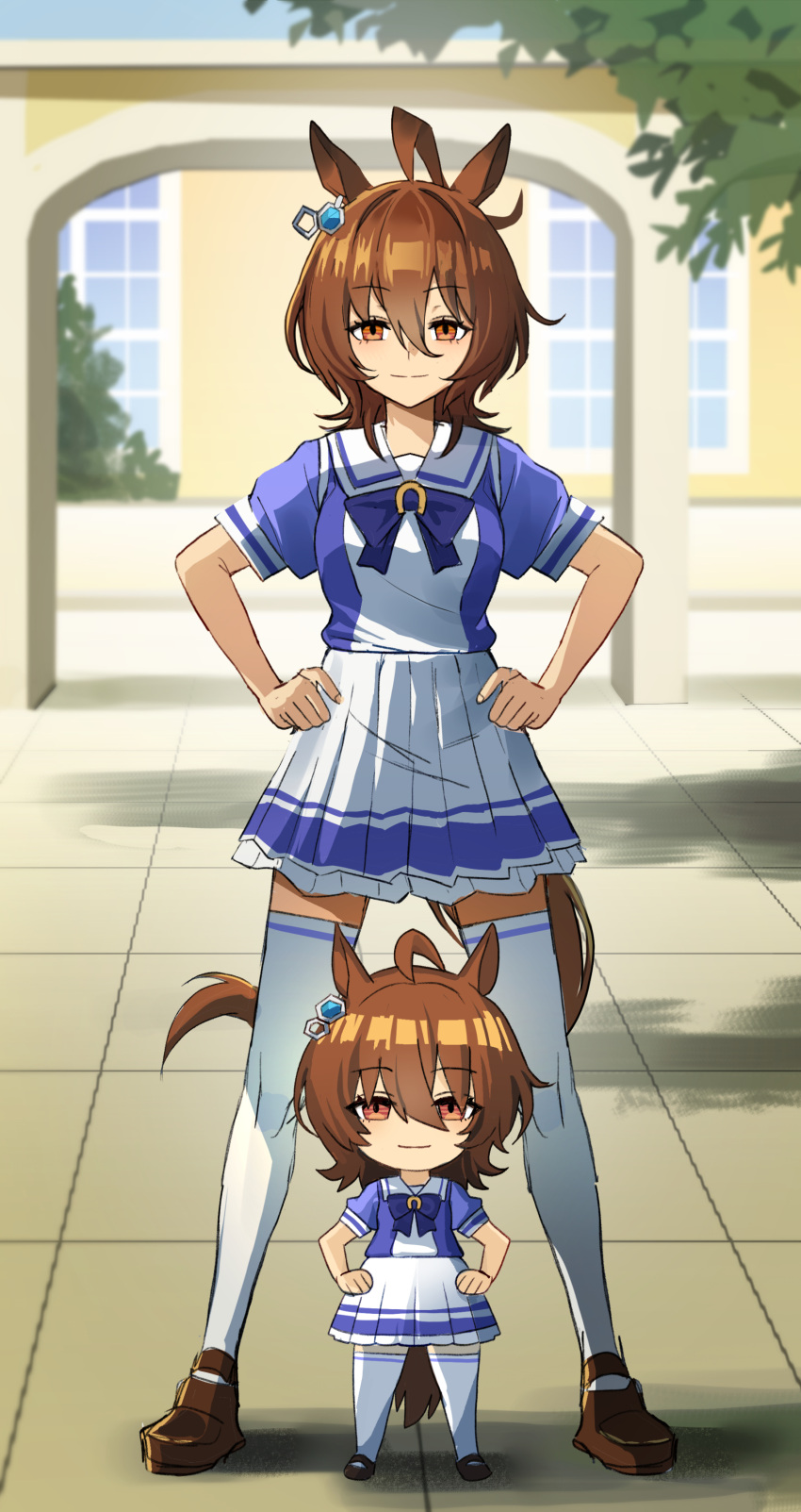 2girls, absurdres, agnes_tachyon_(umamusume), ahoge, animal_ears, brown_hair, chibi, commentary_request