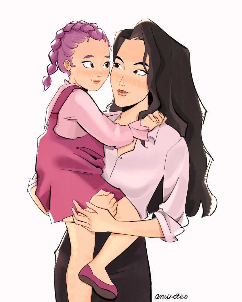 2girls, absurdres, aged_down, aminetko1, blush, braid, braided_ponytail, brown_hair