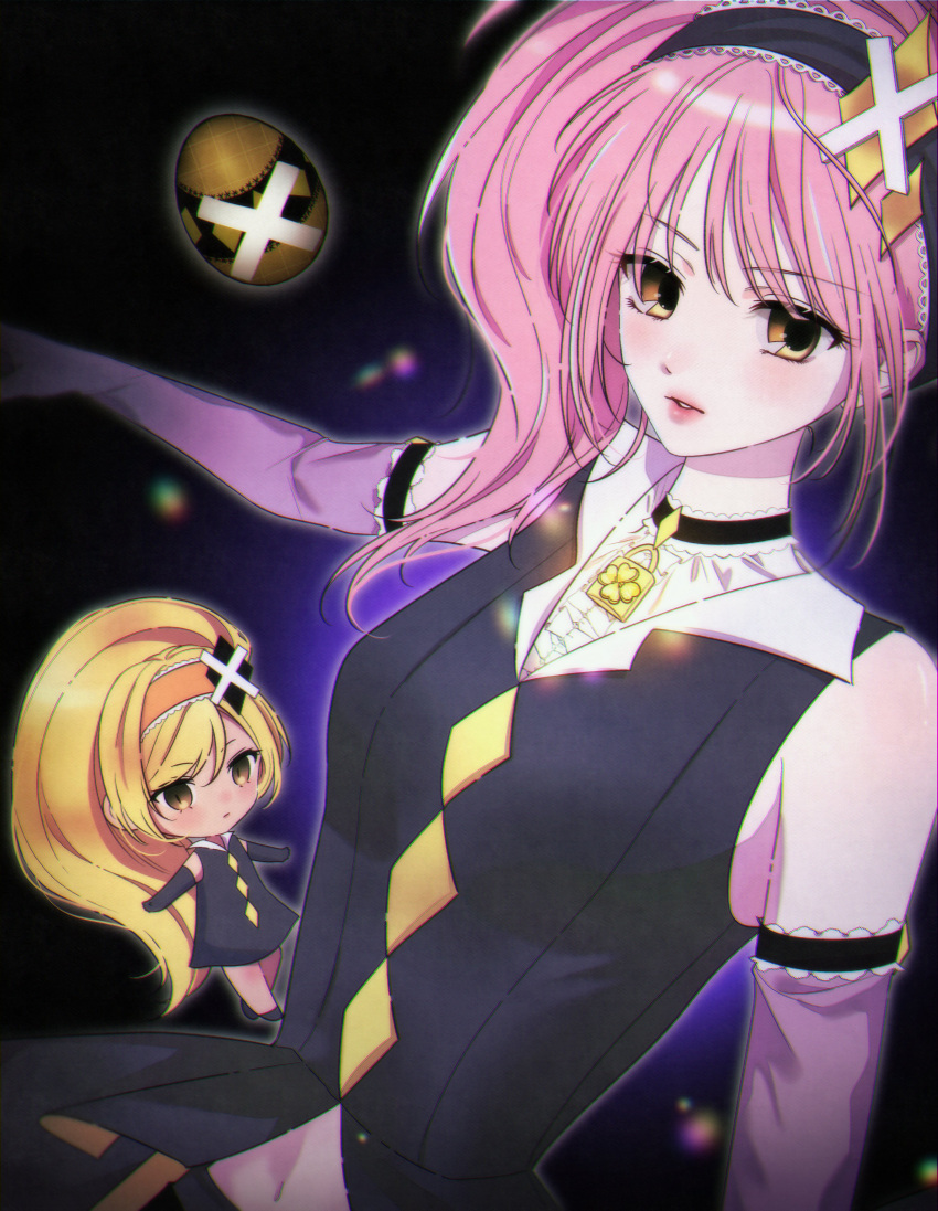 2girls, absurdres, amulet_dia, black_dress, black_gloves, blonde_hair, choker, commentary_request