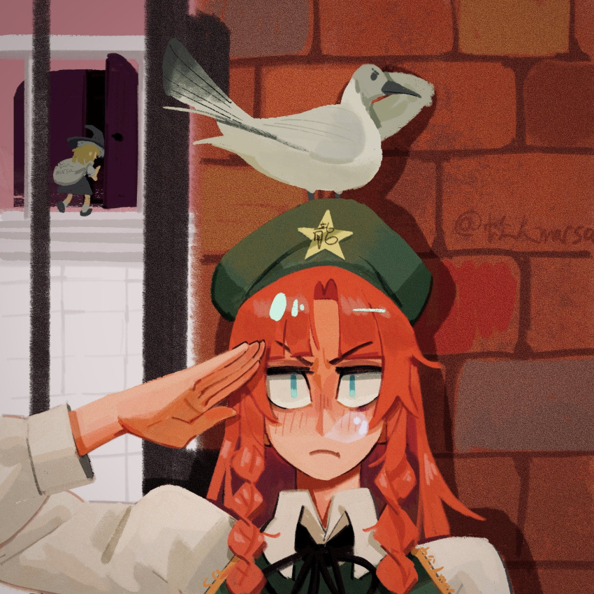 1other, 2girls, beret, bird, blue_eyes, braid, curtained_hair, green_hat, green_vest, grmarsa, hat, hat_ornament, highres, hong_meiling, kirisame_marisa, long_hair, multiple_girls, outdoors, pigeon, red_hair, sack_behind_back, salute, scarlet_devil_mansion, signature, solo_focus, squeans, star_(symbol), star_hat_ornament, touhou, twin_braids, upper_body, vest