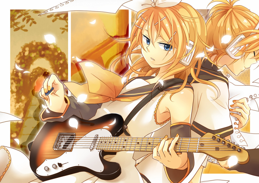 armpits, back-to-back, bare_shoulders, blonde_hair, blue_eyes, brother_and_sister, closed_eyes, detached_sleeves, electric_guitar, eyes_closed, guitar, guitar_pick, hair_bow, hair_ornament, hair_ribbon, hairclip, headphones, instrument, kagamine_len, kagamine_rin, nail_polish, paper, plectrum, ribbon, ryou_(fallxalice), sailor_dress, short_hair, siblings, twins, vocaloid