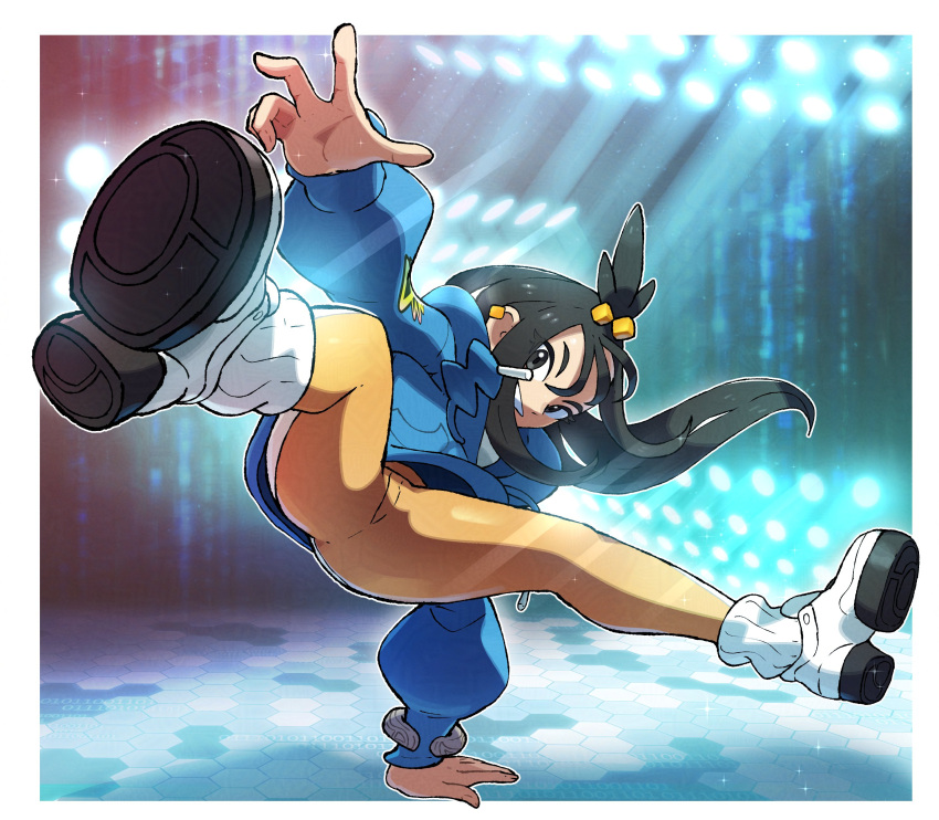 1girl, absurdres, ankle_boots, black_hair, blue_hoodie, blue_jacket, boots, breakdance