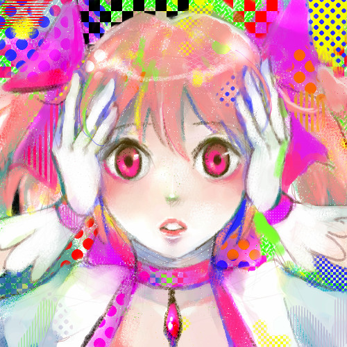 choker, close-up, colorful, gloves, hair_bow, hands_on_head, kaname_madoka, lowres