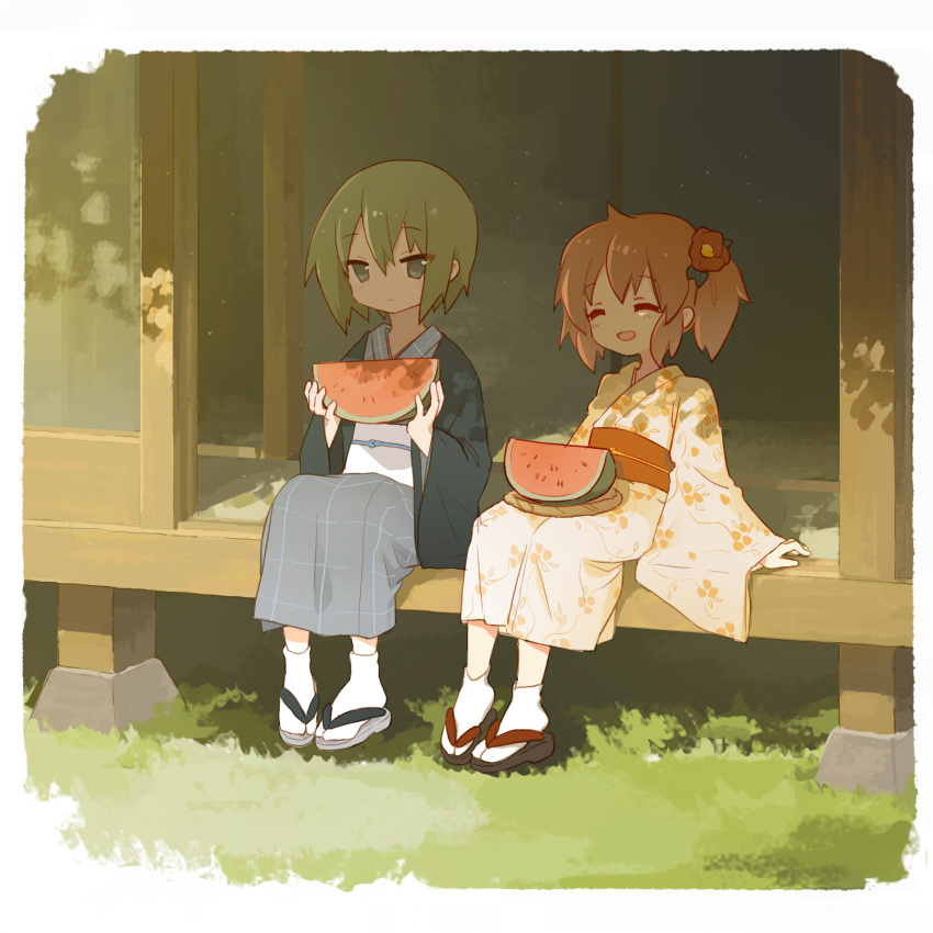 2girls, ^_^, alternate_costume, border, closed_eyes, closed_mouth, day, eating