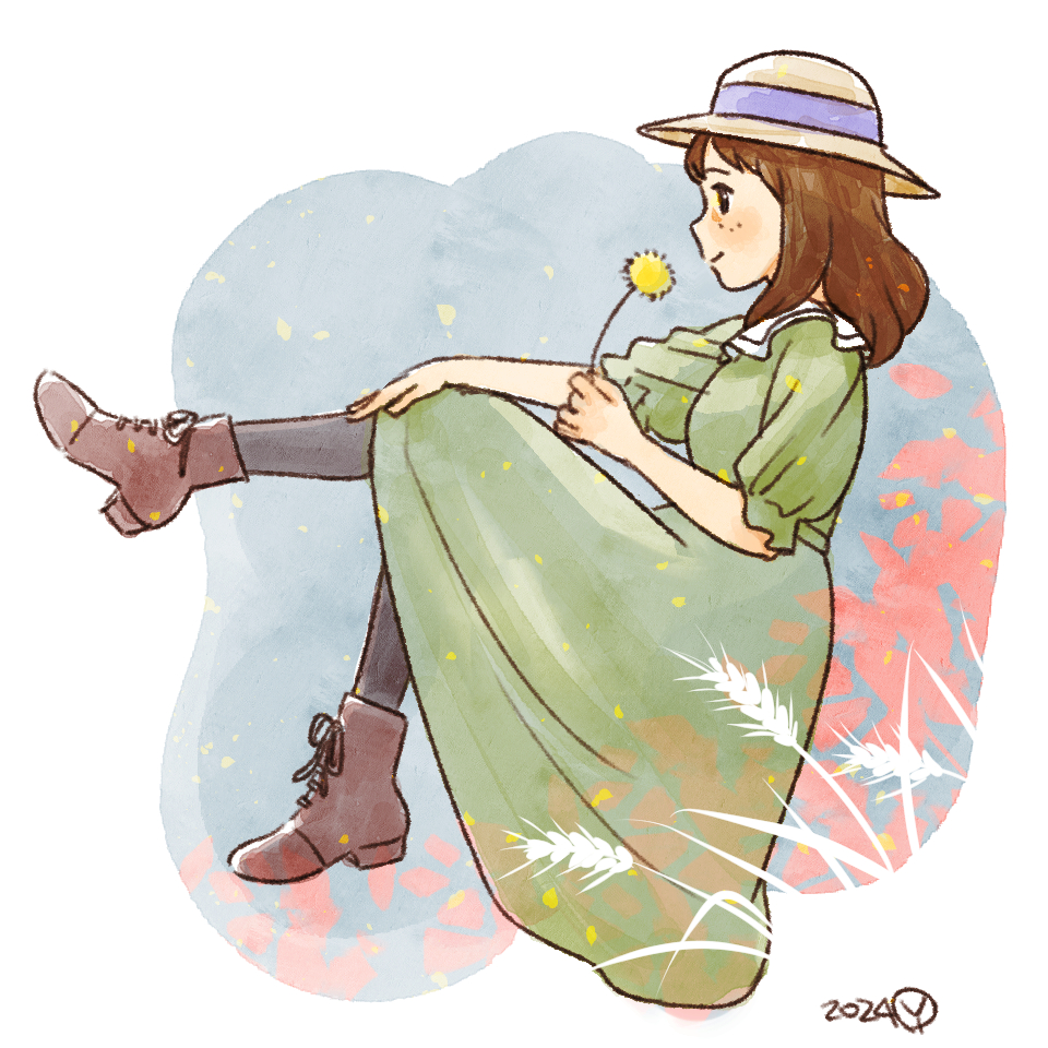 1girl, black_eyes, black_pantyhose, boots, brown_boots, brown_hair, brown_hat, closed_mouth, dandelion, dated, dress, flower, freckles, from_side, full_body, green_dress, hand_on_own_leg, hat, holding, holding_flower, kate_popple, leg_up, long_dress, medium_hair, minami_no_niji_no_lucy, pantyhose, plant, profile, sakai_yume, signature, sitting, smile, solo, straw_hat, wheat, yellow_flower