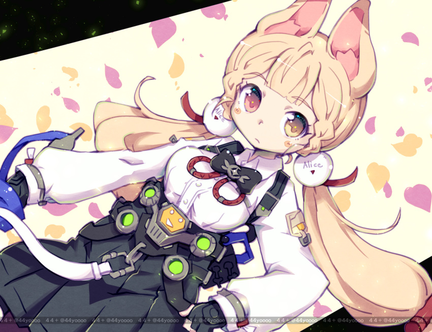 1girl, alice_thymefield, animal_ears, black_gloves, black_skirt, closed_mouth, collared_shirt, fingerless_gloves