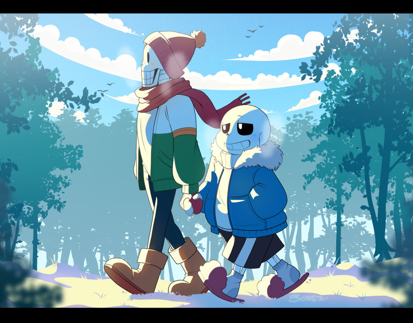 2023, 2boys, 2d, artist_name, beanie, blue_jacket, blue_shorts, boots