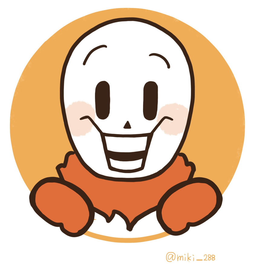 1boy, 2024, 2d, armor, artist_name, cape, character_doll, digital_media, gloves, highres, humanoid, male, male_focus, male_only, miki_288, monster, monster_boy, orange_background, outside_border, papyrus_(undertale), portrait, profile_picture, red_cape, red_gloves, round_border, simple_background, skeleton, solo, straight-on, teeth, twitter_username, undead, undertale, utdr_(toby_fox), white_armor, white_background