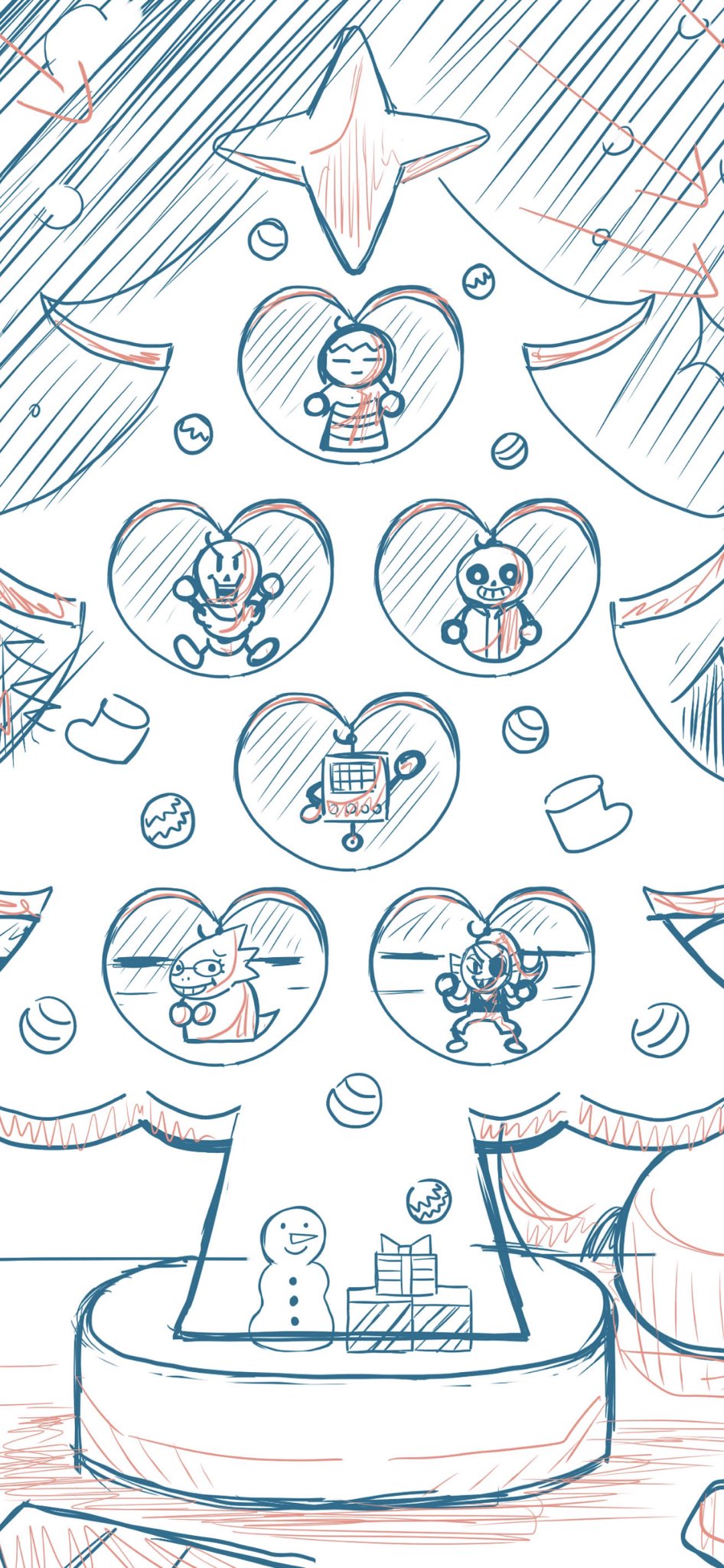 2024, 2d, alphys, artist_name, box, character_ornament, christmas, christmas_ornaments, digital_media, frisk_(undertale), gift, gift_box, mettaton, mettaton_(box), miki_288, monochrome, papyrus_(undertale), sans_(undertale), simple_background, sketch, twitter_username, undertale, undyne, unfinished, utdr_(toby_fox), white_background