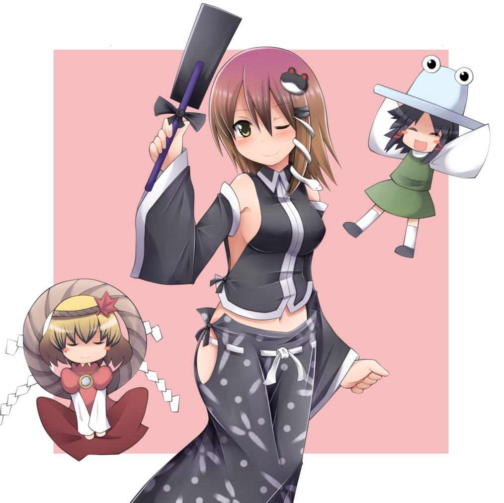 asibue765, black_hair, blonde_hair, breasts, cosplay, detached_sleeves, frog, gohei