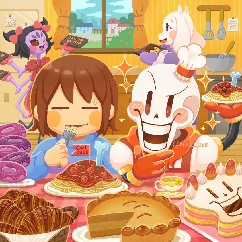 1boy, 1other, 2025, 2d, 2girls, alternate_size, ambiguous_gender, animal_ears, anthro, arachnid, armor, arthropod, arthropod_girl, beard, black_sclera, blonde_hair, blue_shirt, bow, bowl, brown_hair, cake, cape, character_food, colored_sclera, cookie, croissant, cup, day, digital_media, doughnut, drink, droopy_ears, extra_arms, extra_eyes, facial_hair, fangs, female, floppy_ears, food, fork, frisk_(undertale), furry, furry_female, furry_male, gloves, goat, goat_boy, goat_ears, goat_girl, goat_horns, hair_bow, highres, holding, holding_food, holding_fork, holding_plate, holding_tray, horizontal-striped_clothes, horns, human, humanoid, indoors, kitchen, male, mammal, miki_288, monster, monster_boy, monster_girl, muffet, multiple_boys, multiple_girls, one_eye_closed, oven_mitts, papyrus_(undertale), pasta, pastry, pie, pink_stripes, plate, purple_skin, red_bow, red_cape, red_gloves, refrigerator, shirt, short_hair, short_twintails, skeleton, sky, spaghetti, spider, spider_girl, striped_clothes, striped_shirt, striped_wall, teacup, teeth, toriel, tray, twintails, two-tone_shirt, undead, undertale, utdr_(toby_fox), wall, whisk, white_armor, white_fur, white_horns, window