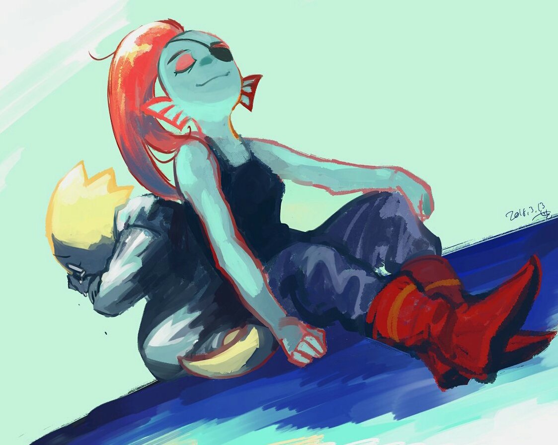 2018, 2d, 2girls, alphys, anthro, back-to-back, black_eyepatch, black_tank_top