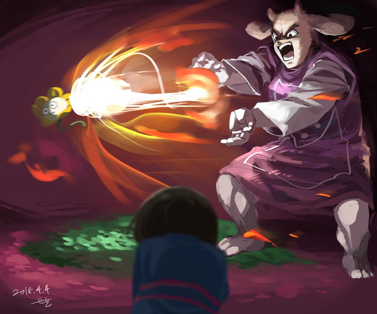 1girl, 1other, 2018, 2d, ambiguous_gender, animal_ears, anthro, barefoot, blue_shirt, brown_hair, delta_rune_(symbol), digital_media, dragon_ball, droopy_ears, female, fighting_stance, fire, floppy_ears, flower, flowey_(undertale), frisk_(undertale), furry, furry_female, goat, goat_ears, goat_girl, goat_horns, horizontal-striped_clothes, horizontal-striped_shirt, horns, human, kamehameha_(dragon_ball), legs_apart, long_sleeves, magic, male, mammal, monster, monster_girl, open_mouth, parody, pink_stripes, plant, purple_robe, pyrokinesis, robe, seki_(vcyr2733), shirt, short_hair, striped_clothes, striped_shirt, toriel, two-tone_shirt, undertale, utdr_(toby_fox), white_fur, white_horns, yellow_flower