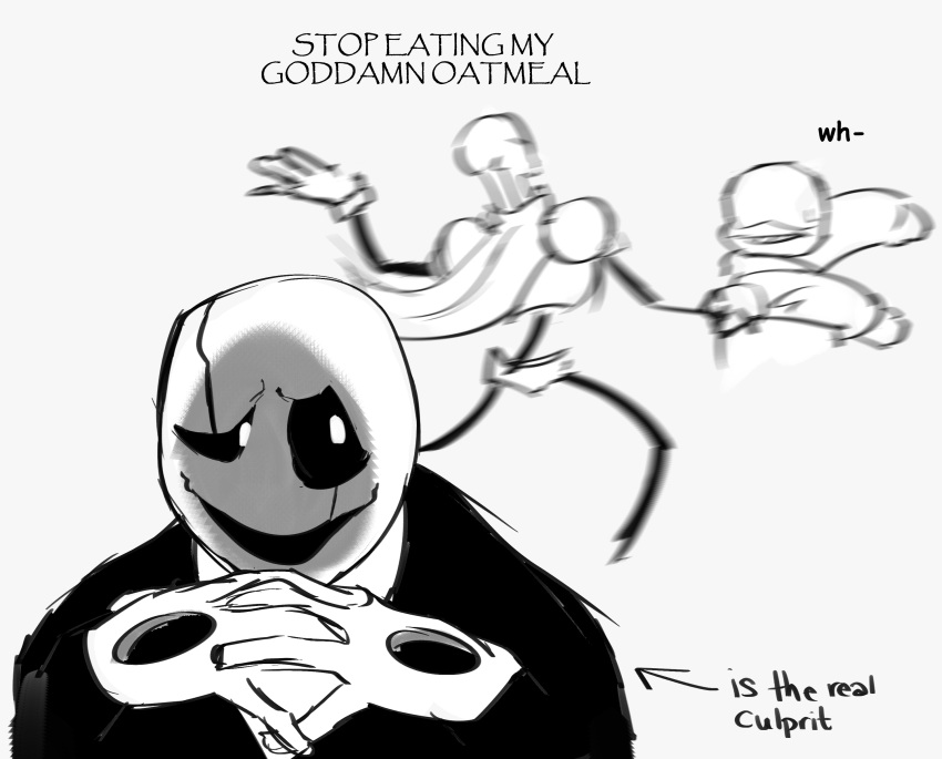 2019, 2d, 3boys, armor, blurry, brothers, cape, cinnimani, comic_sans, digital_media, english_text, family, father_and_son, gloves, highres, hollow_eyes, hood, hood_down, hooded_jacket, humanoid, imminent_attack, imminent_slap, interlocked_fingers, jacket, male, male_focus, male_only, monochrome, monster, monster_boy, motion_blur, multiple_boys, own_hands_clasped, own_hands_together, papyrus_(font), papyrus_(undertale), sans_(undertale), shorts, siblings, simple_background, skeleton, sketch, smile, teeth, text, trio, undead, undertale, utdr_(toby_fox), w.d._gaster, white_background