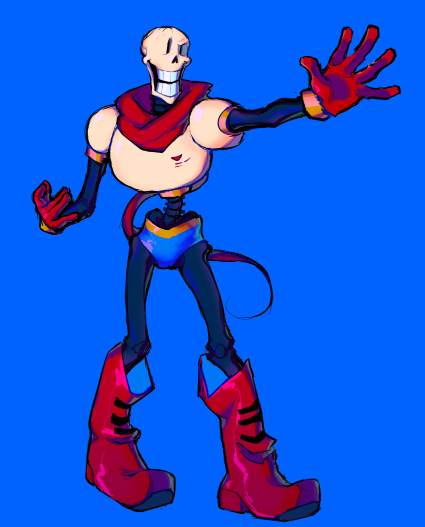 1boy, 2020, 2d, armor, blue_background, blue_shorts, boots, cape