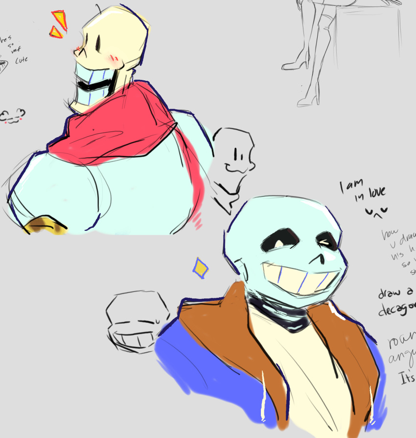 2021, 2boys, 2d, armor, blue_jacket, brothers, brown_hood, cape, cinnimani, cropped_shoulders, digital_media, drawpile_(medium), duo, gloves, grey_background, highres, hood, hood_down, hooded_jacket, humanoid, jacket, male, male_focus, male_only, monster, monster_boy, multiple_boys, open_clothes, open_jacket, papyrus_(undertale), red_cape, red_gloves, sans_(undertale), shirt, siblings, simple_background, skeleton, teeth, undead, undertale, utdr_(toby_fox), white_armor, white_shirt