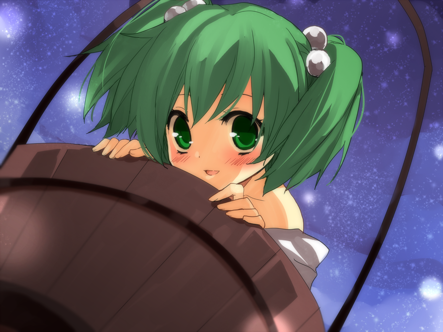 bare_shoulders, blush, bucket, girl_in_bucket, green_eyes, green_hair, hair_bobbles, hair_ornament