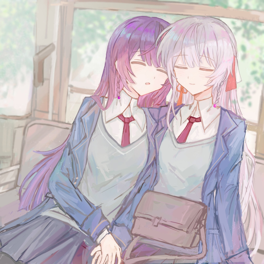 2girls, assault_lily, bag, black_pantyhose, black_skirt, blue_jacket, blurry, blurry_background, braid, bukejie, chinese_commentary, closed_eyes, closed_mouth, collared_shirt, commentary_request, couch, cowboy_shot, day, funada_kiito, funada_ui, grey_hair, grey_sweater, hair_ornament, hair_ribbon, handbag, heads_together, highres, holding_hands, indoors, jacket, light_blush, light_smile, long_hair, long_sleeves, miniskirt, multiple_girls, necktie, on_couch, open_clothes, open_jacket, pantyhose, parted_lips, pink_necktie, pleated_skirt, purple_hair, red_ribbon, ribbon, school_uniform, shirt, siblings, side-by-side, side_braid, single_braid, sisters, sitting, skirt, sleeping, sleeping_on_person, sleeping_upright, sweater, tassel, tassel_hair_ornament, very_long_hair, white_ribbon, white_shirt, window