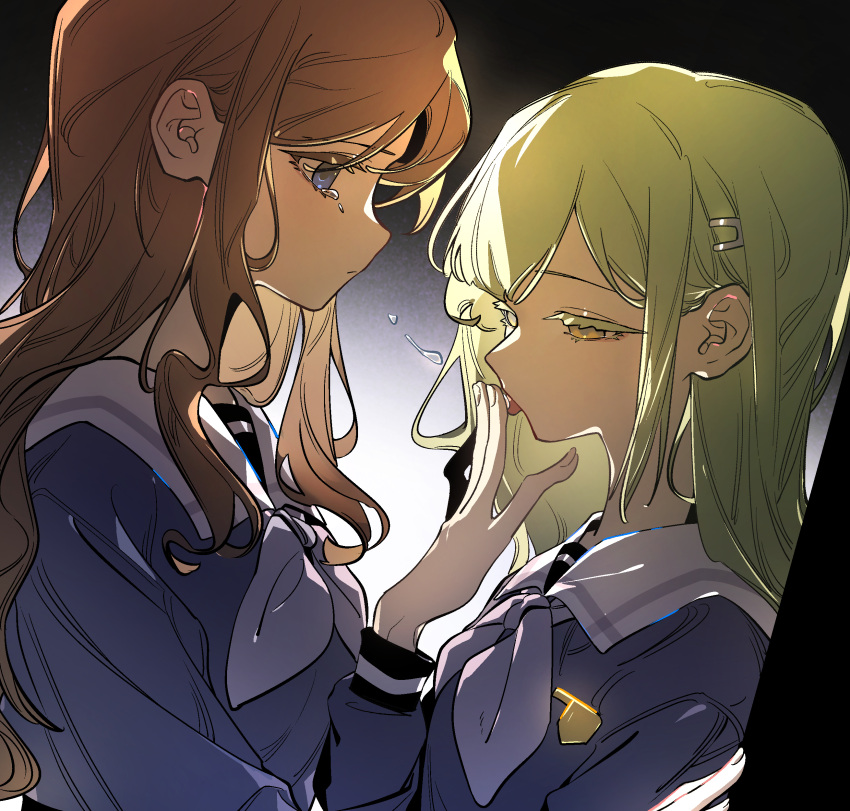 2girls, absurdres, bang_dream!, bang_dream!_it's_mygo!!!!!, blue_eyes, blue_shirt, brown_hair, chinese_commentary
