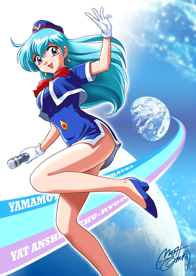 aqua_hair, dress, earth, gloves, hat, legs, long_hair, microphone
