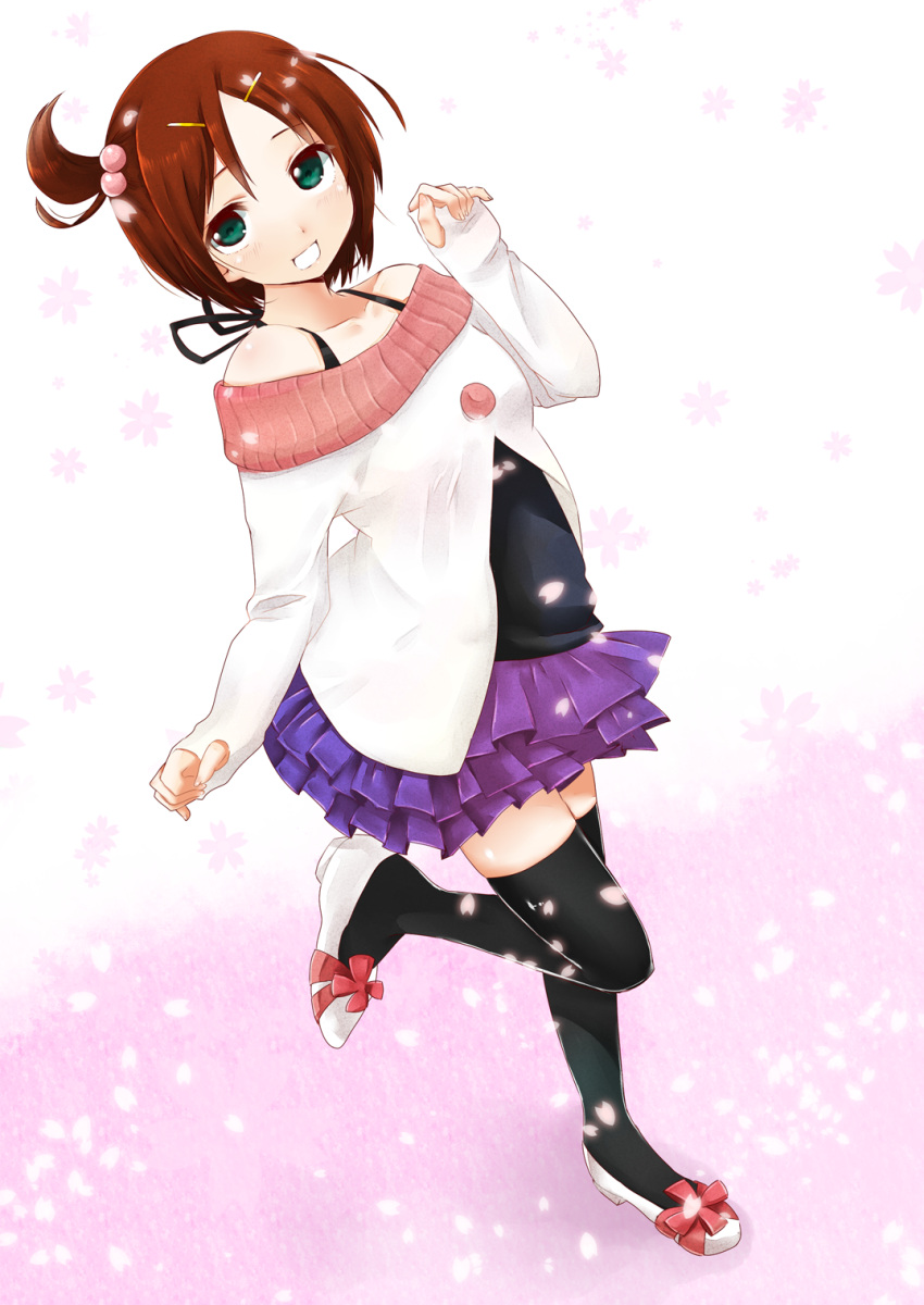 brown_hair, corpse_party, green_eyes, hair_ornament, hairpin, highres, osomatsu, osomatsu_(nanameno), petals, short_hair, side_ponytail, smile, solo, suzumoto_mayu, thigh-highs, thighhighs, zettai_ryouiki